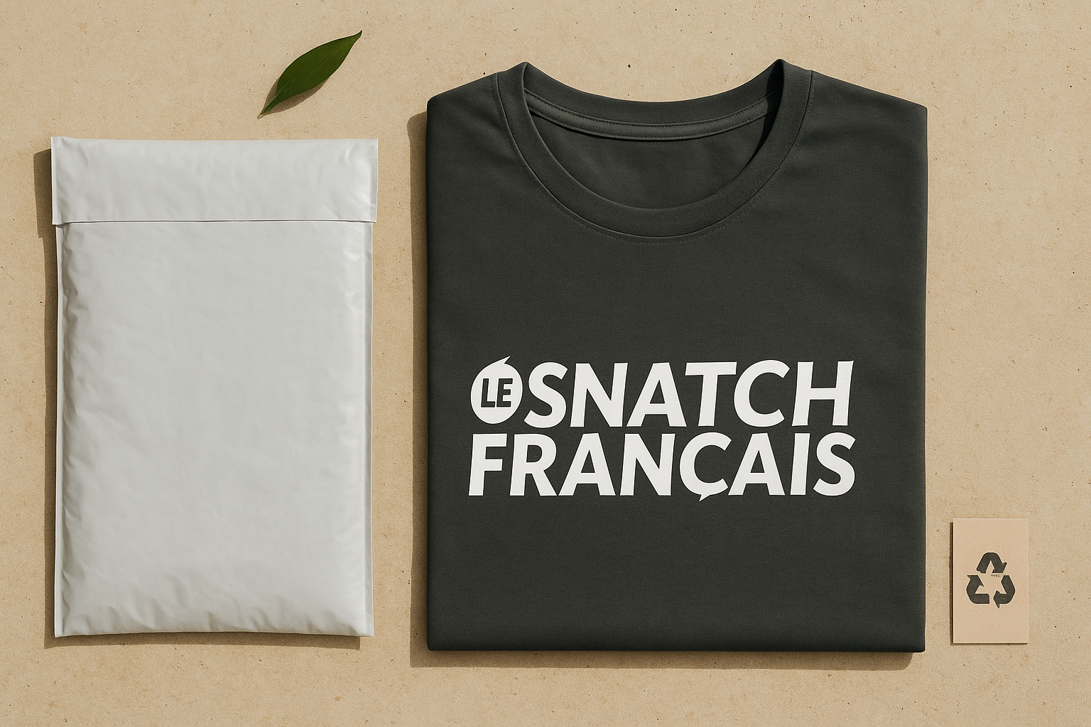 Pochette d'expédition 100% recyclée Le Snatch Français avec t-shirt LSF plié Image