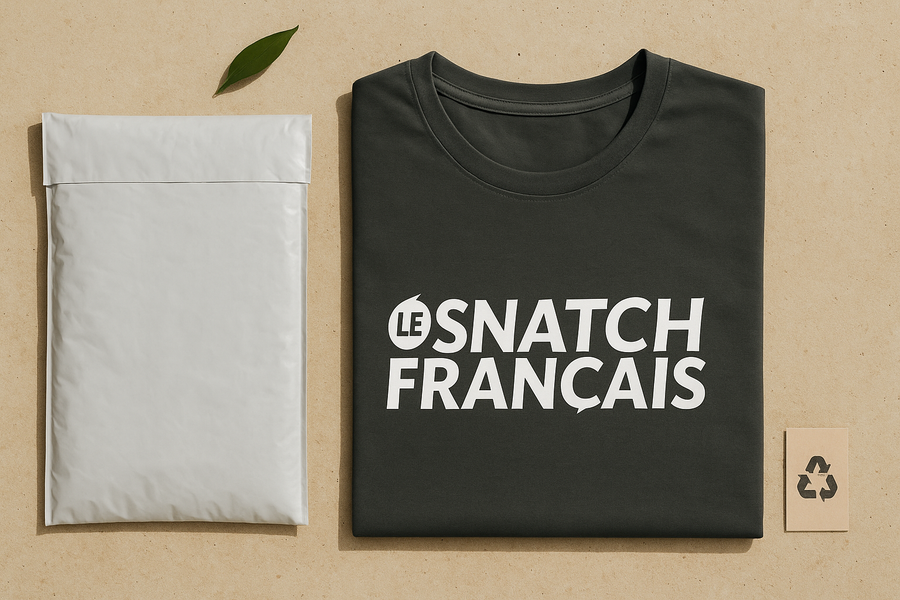 Pochette d'expédition 100% recyclée Le Snatch Français avec t-shirt LSF plié