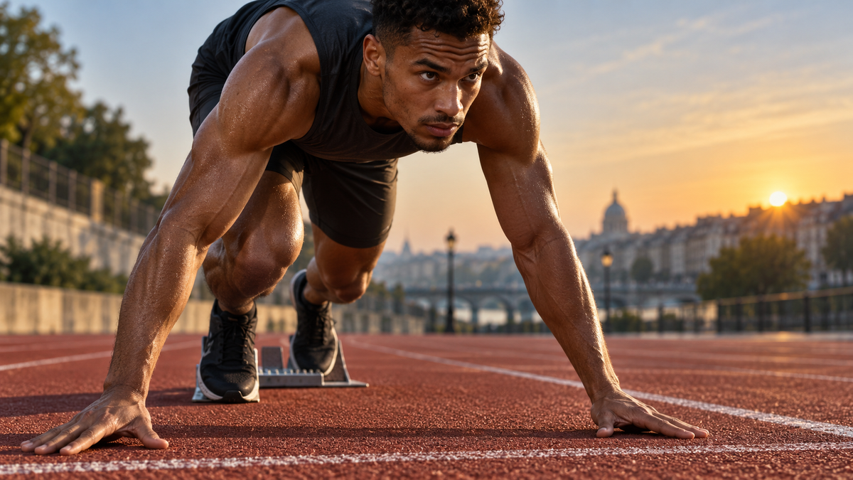 Athlète concentré dans les starting-blocks avant un départ de sprint Image