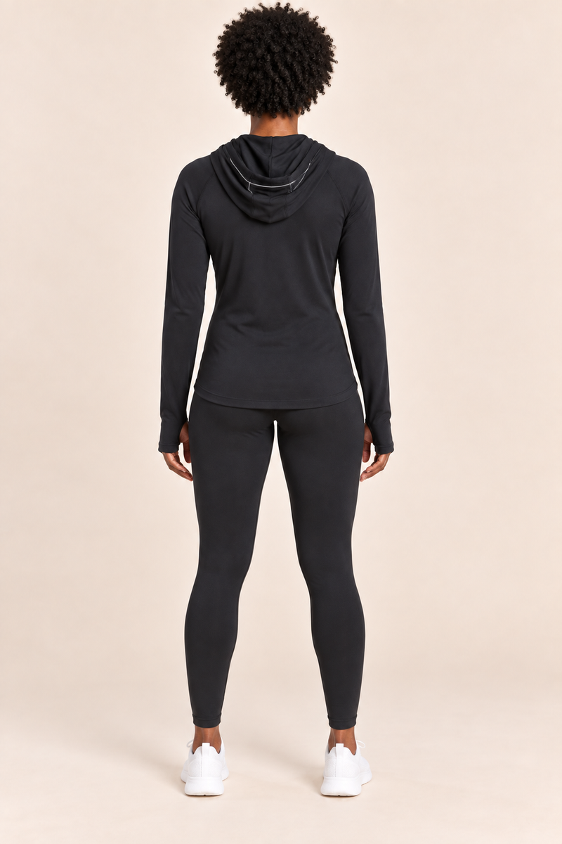 Haut de sport femme à capuche et col montant – Cadence LSF Noir