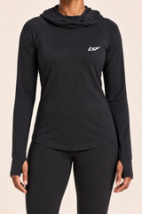 Haut femme Cadence LSF noir, détail du haut et du logo