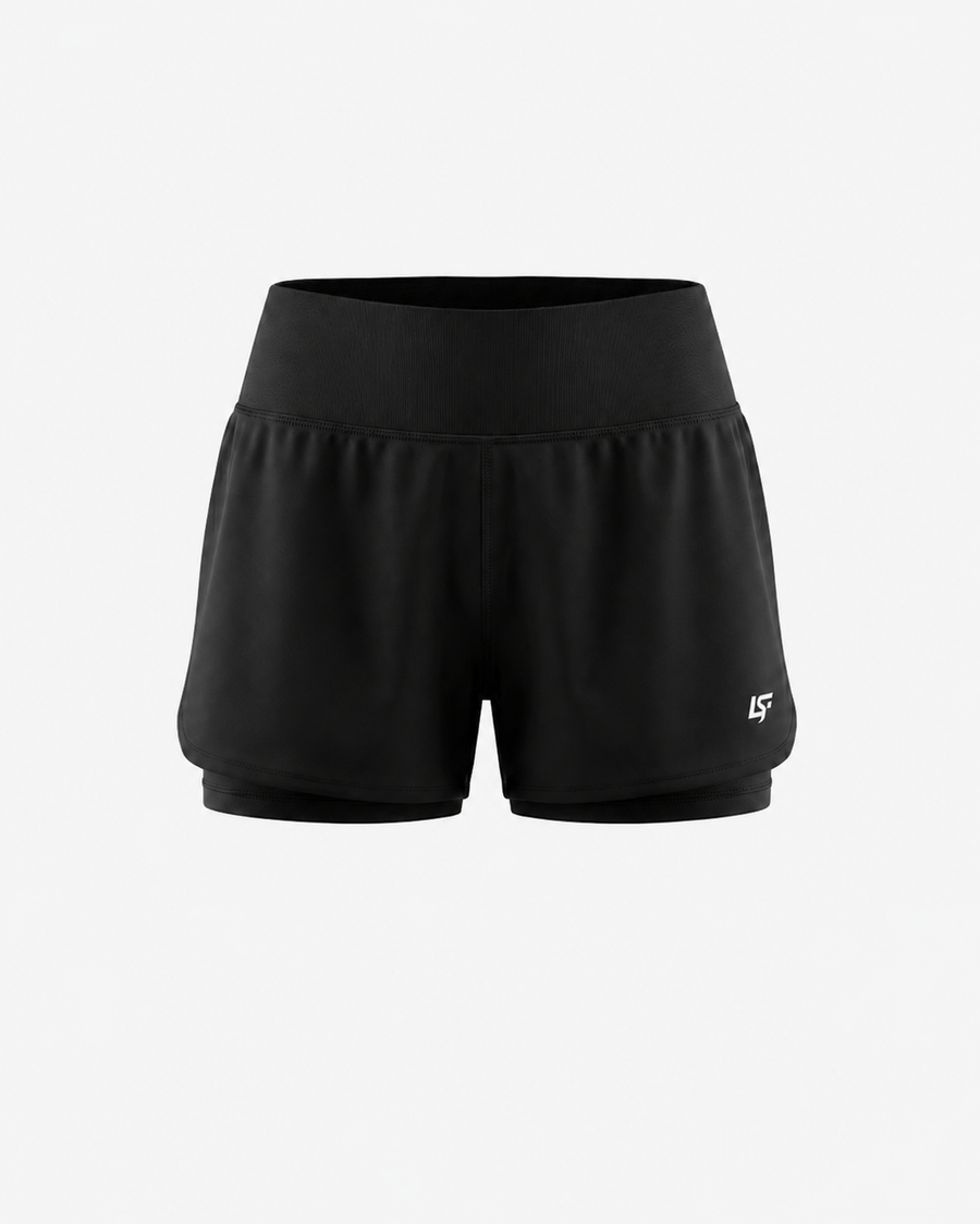 Short running femme 2 en 1 – coloris Noir – maquette de face – Le Snatch Français