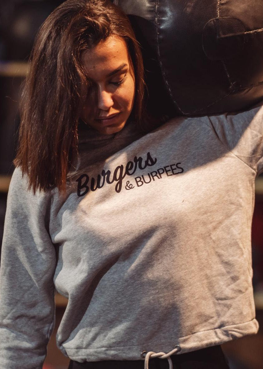 Sweat femme cross training Burgers & Burpees – coloris Gris chiné – Le Snatch Français