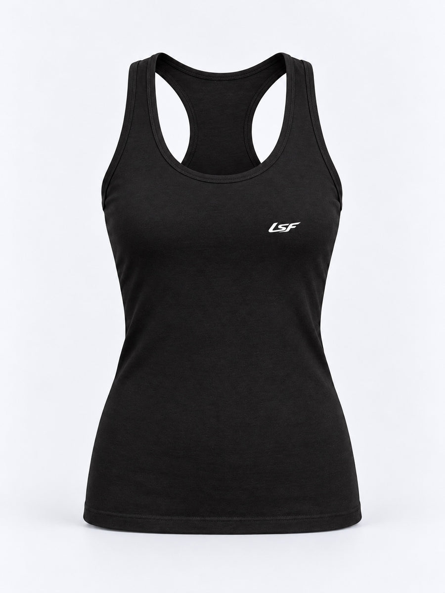 Débardeur femme en coton dos nageur – Aura LSF Noir — maquette harmonisée de face, fond gris clair – coloris Noir – Le Snatch Français