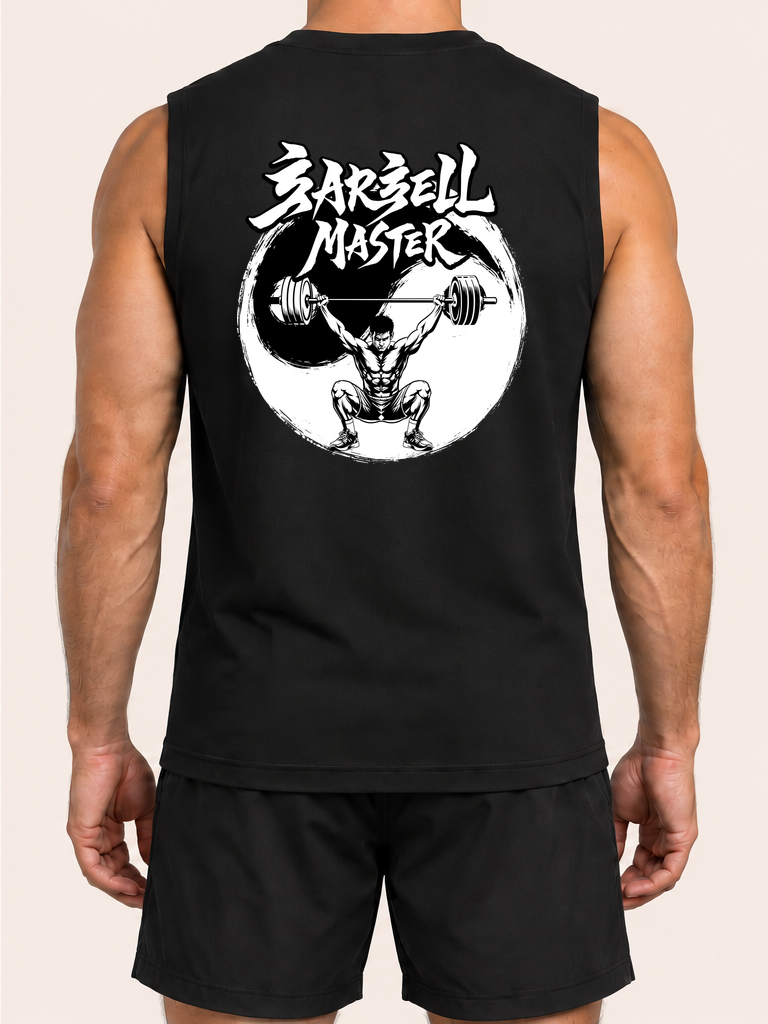 Débardeur barbell-master noir — dos, athlète sans visage, fond beige clair – coloris Noir