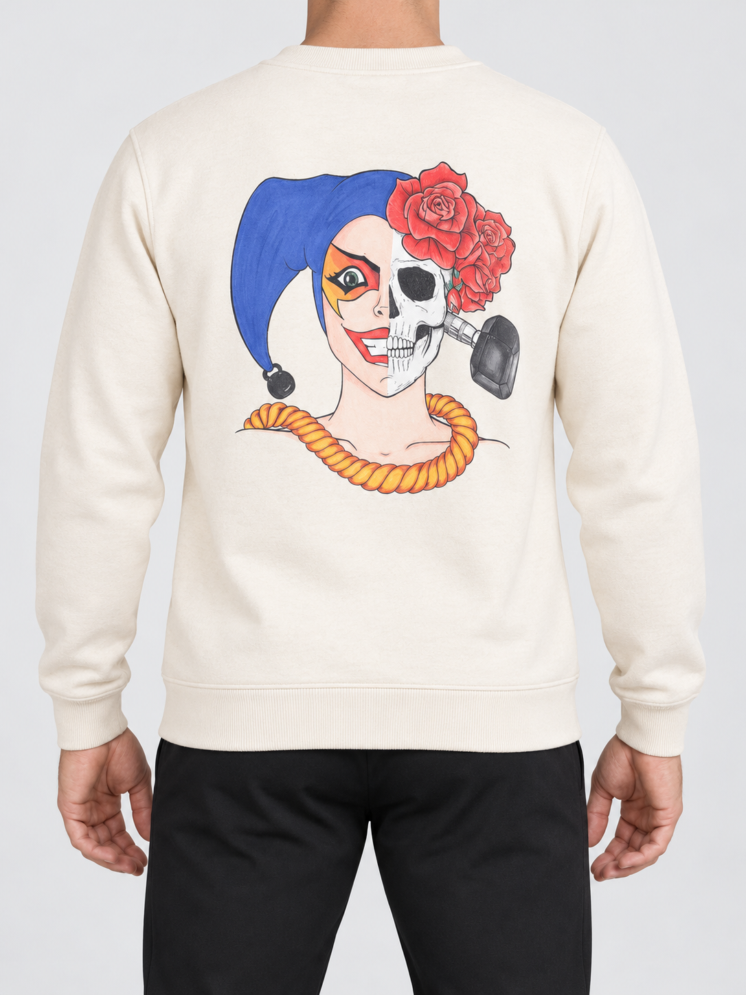 Sweat col rond unisexe Harley Queen — porte dos — maquette illustrative