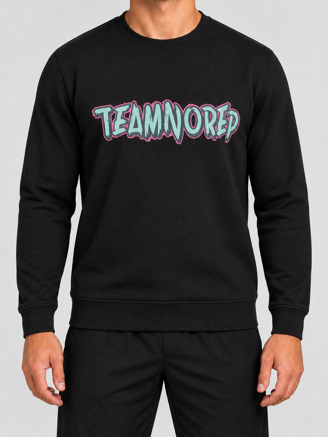 Sweat col rond unisexe Team No Rep — focus porte — maquette illustrative
