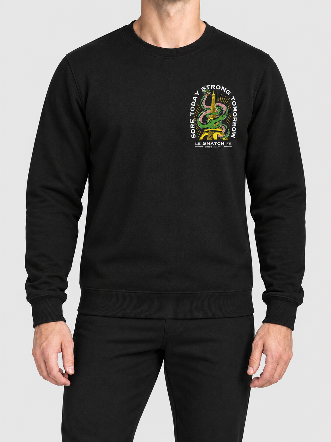 Sweat col rond unisexe Strong Tomorrow — porte face — maquette illustrative
