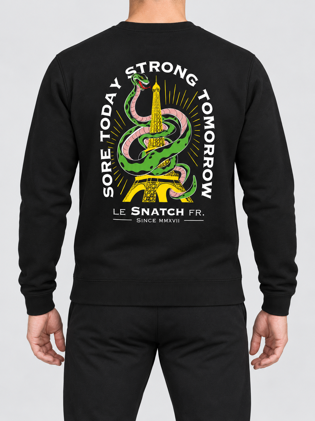 Sweat col rond unisexe Strong Tomorrow — porte dos — maquette illustrative