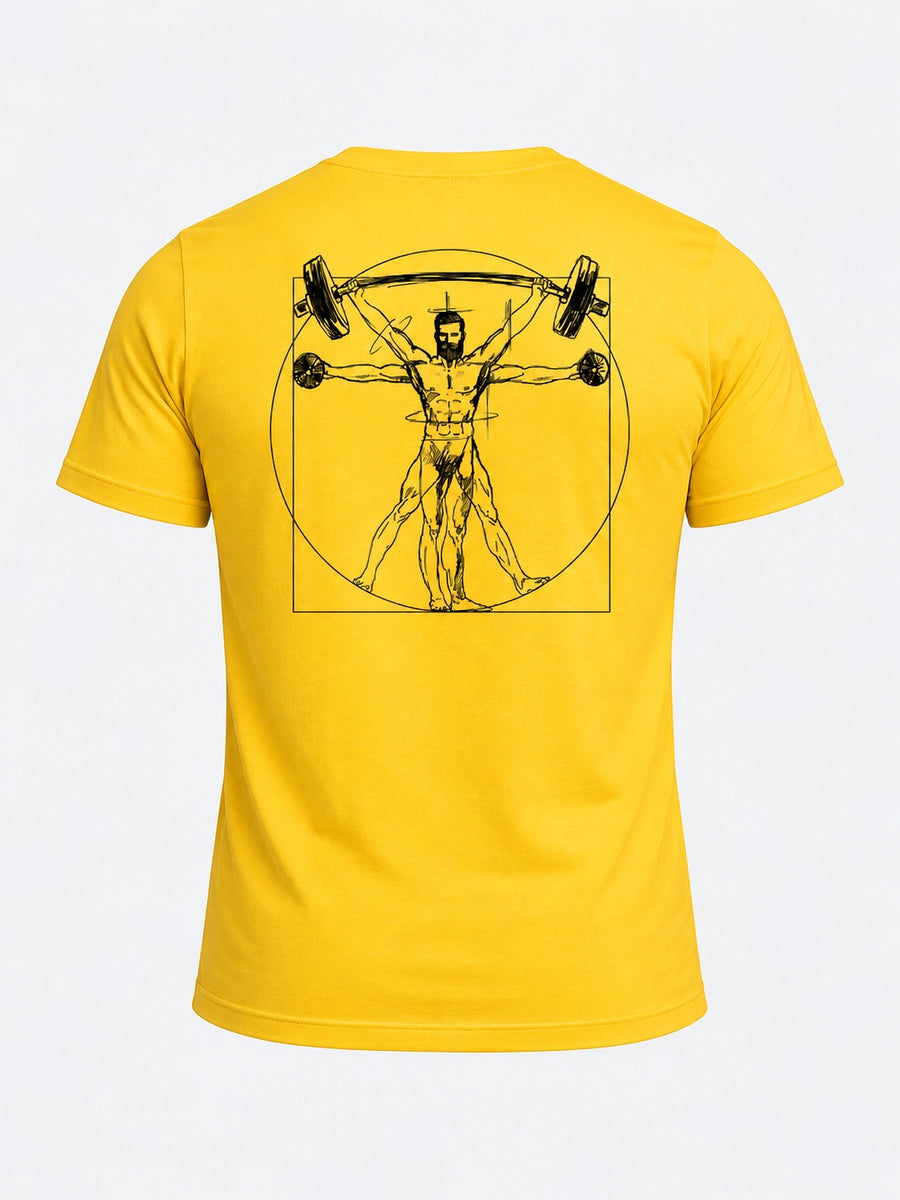 T-Shirt Homme Cross Training – Vitruve Coton Bio — coloris Jaune — maquette de dos sur fond gris clair — Le Snatch Français