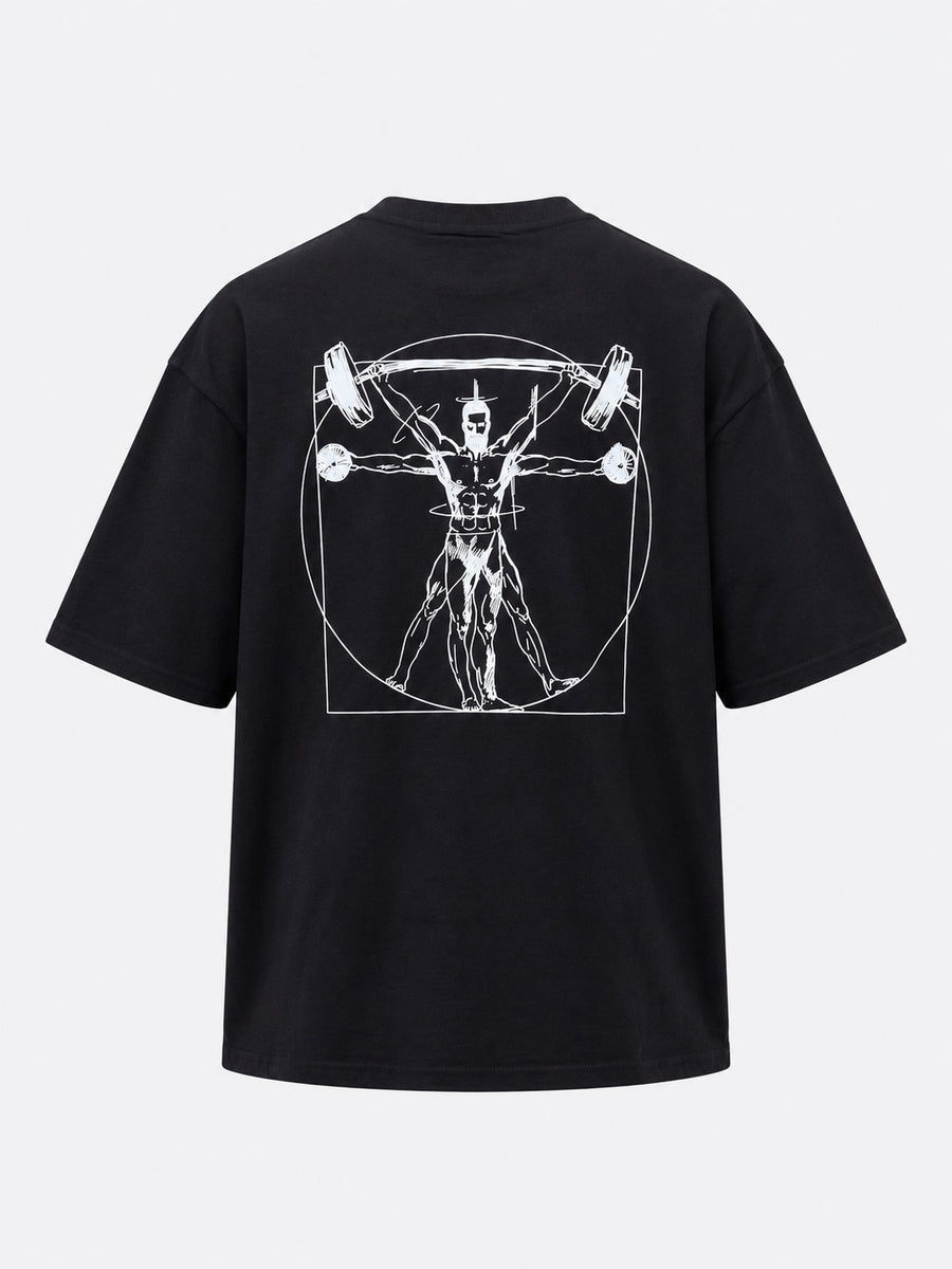 T-Shirt Oversize Homme Cross Training – Vitruve Coton Bio — Noir — maquette sur fond gris clair