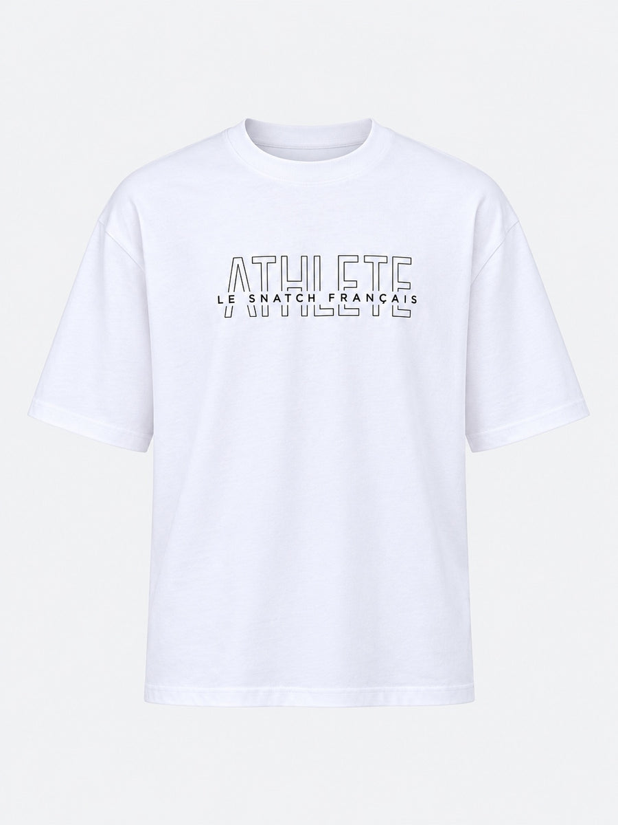 T-Shirt Oversize Homme Cross Training – Athlète LSF Coton Bio — Blanc — maquette sur fond gris clair