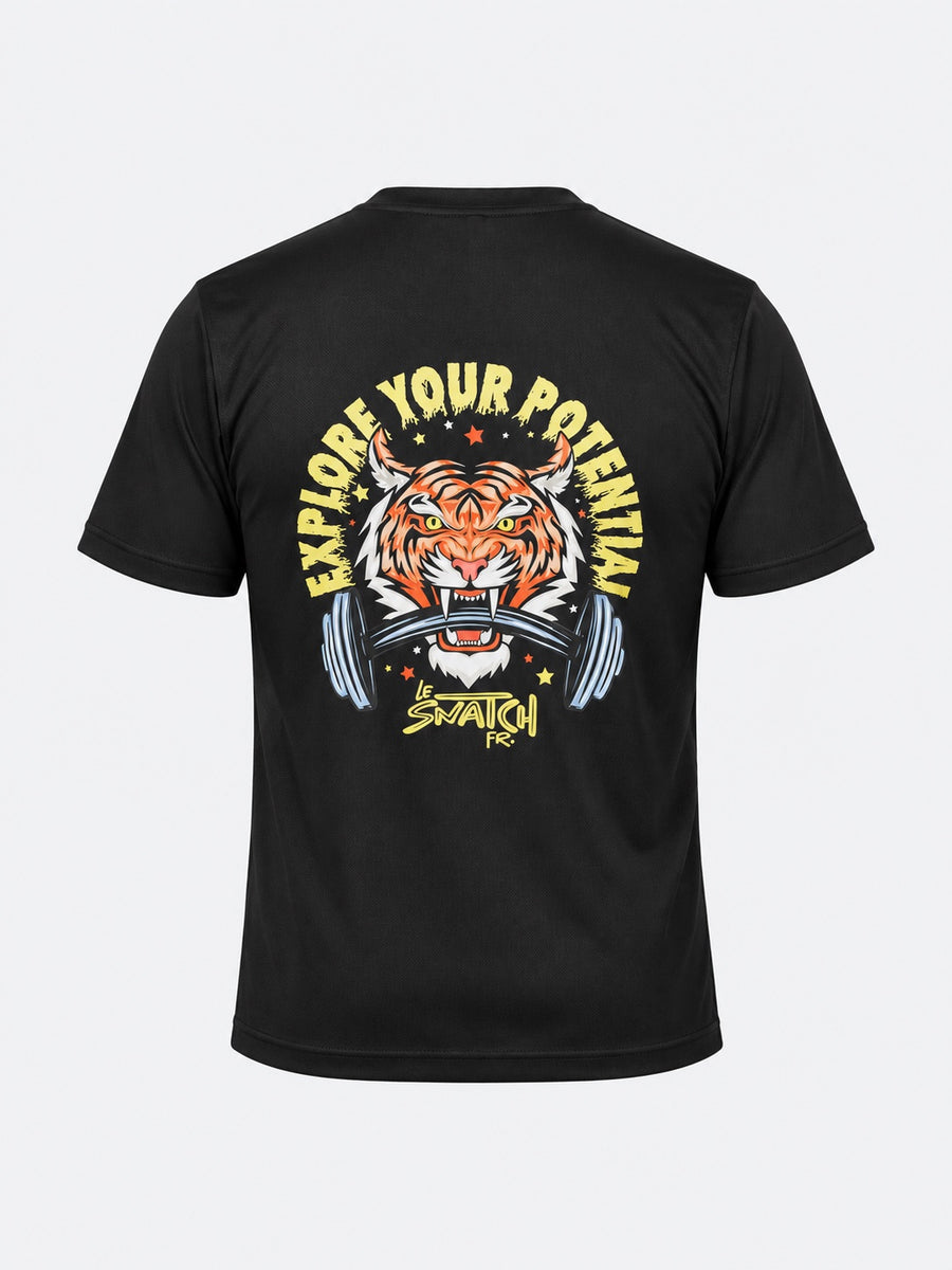 T-Shirt Aerix Homme Cross Training – Explore Your Potential — Noir — maquette sur fond gris clair