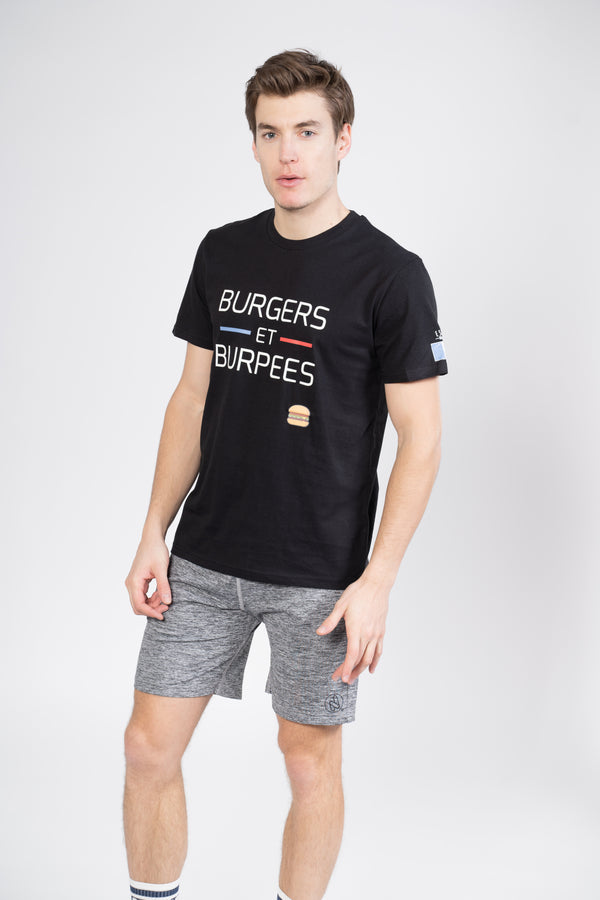 T-Shirt Homme Cross Training – Burgers Et Burpees — Noir — photo originale portée, vue face