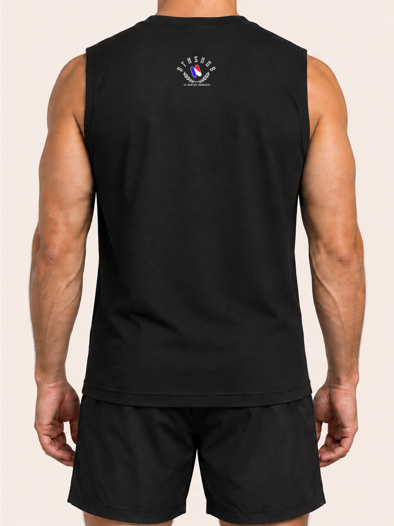 Débardeur sthenos noir — dos, athlète sans visage, fond beige clair – coloris Noir