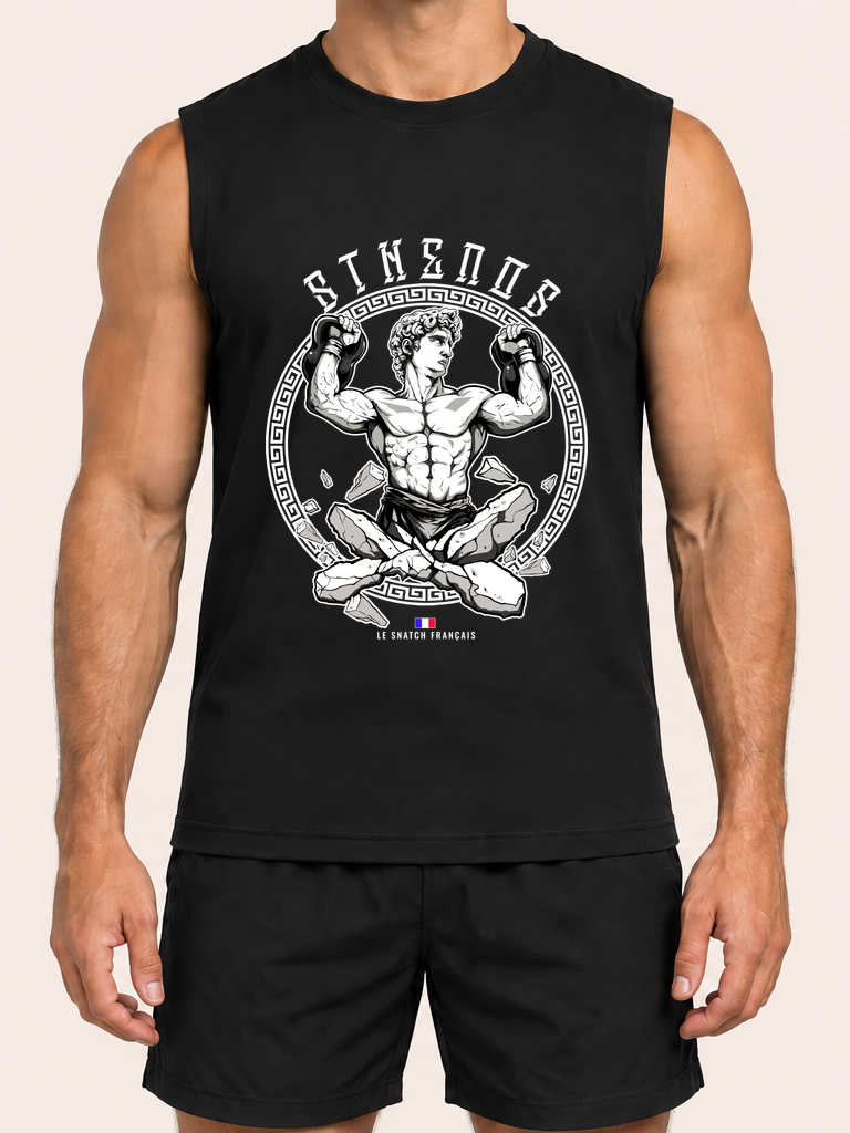 Débardeur sthenos noir — face, athlète sans visage, fond beige clair – coloris Noir
