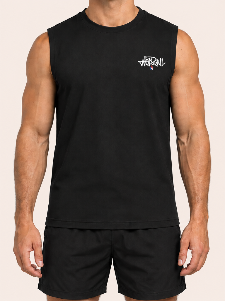 Débardeur wod-bull noir — face, athlète sans visage, fond beige clair – coloris Noir