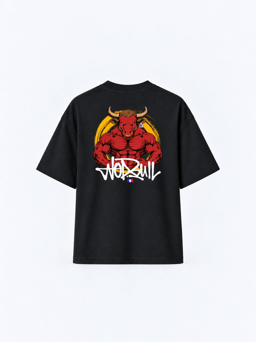 T-Shirt Oversize Homme Cross Training – Wod Bull — maquette harmonisée de dos, fond gris clair – coloris Noir – Le Snatch Français